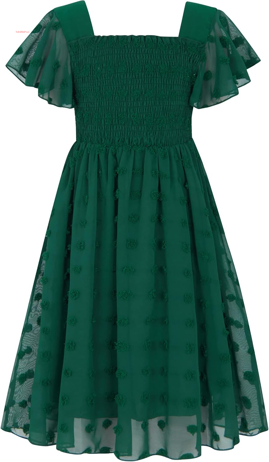6-12T Girls Chiffon Dress with Solid Pom Poms & Flutter Ruffle Short Sleeve Kids Lace Square Neck Frocks