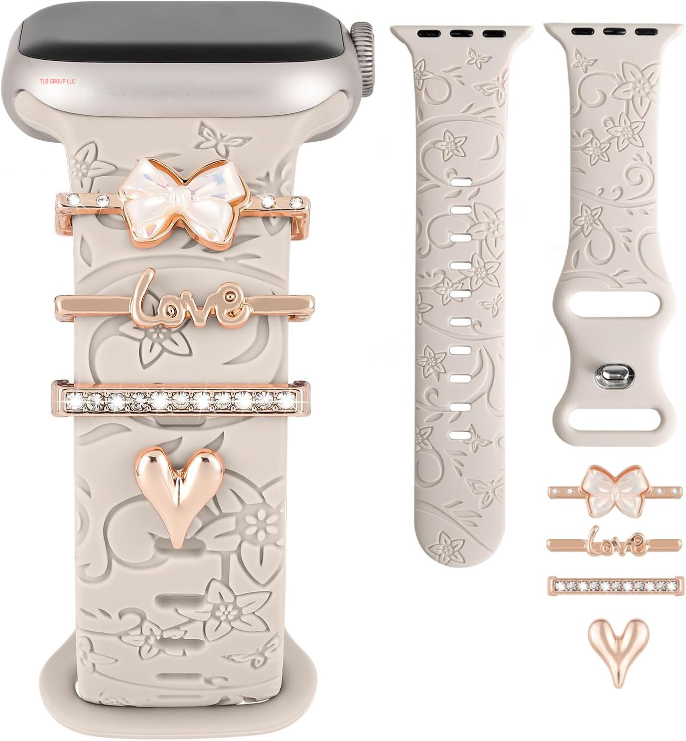 Charm+Band for Apple Watch Bands 40Mm 41Mm 38Mm 44Mm 45Mm 46Mm 42Mm Women Men,Floral Engraved Silicone Sport Band+Decorative Ring Loops for Iwatch Series 10 9 8 7 6 5 4 3 SE Ultra/2 49Mm,Jewelry Strap