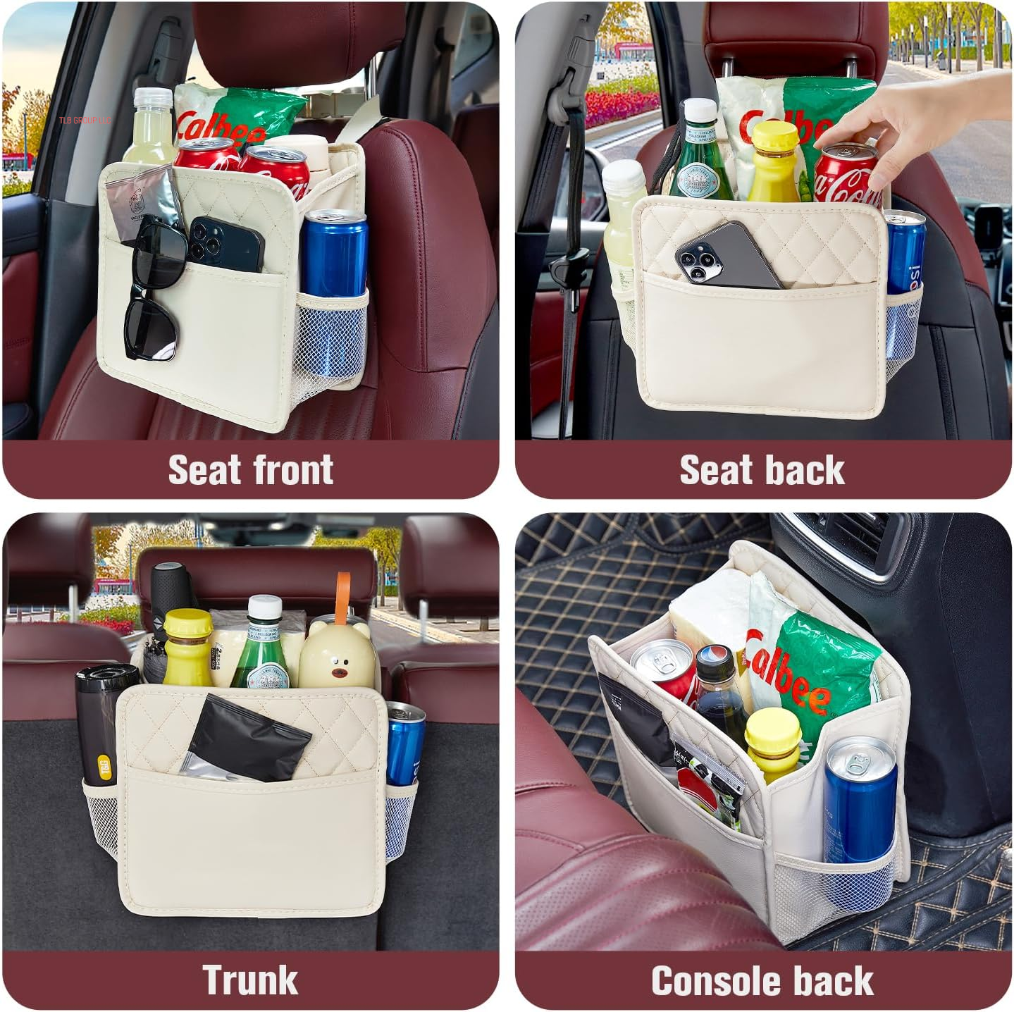 Back Seat Car Organizer, Large Car Seat Organizer with Cup Holders Multifunctional over the Car Seat Organizer Backseat Hanging Leather Car Seat Organizers and Storage Bags(Beige 1Pack)