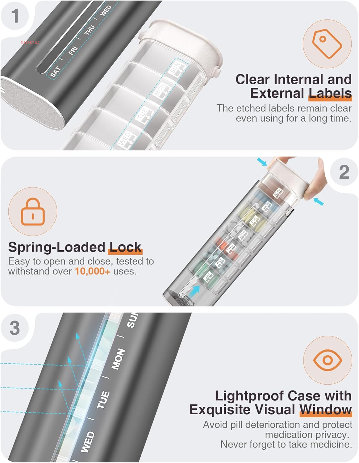 Metal Weekly Pill Organizer, Aluminum Daily Pill Box, 7 Day Portable Travel Pill Case, Large Capacity Pill Holder Container for Pills, Medicines, Vitamins, Fish Oil, Supplements, Steel Grey