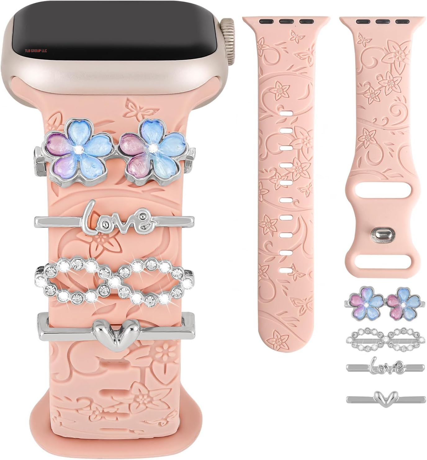 Charm+Band for Apple Watch Bands 40Mm 41Mm 38Mm 44Mm 45Mm 46Mm 42Mm Women Men,Floral Engraved Silicone Sport Band+Decorative Ring Loops for Iwatch Series 10 9 8 7 6 5 4 3 SE Ultra/2 49Mm,Jewelry Strap