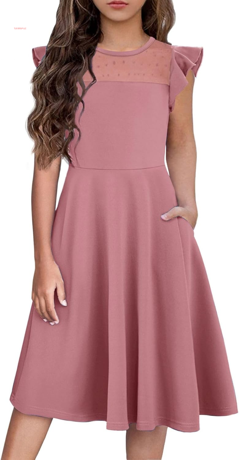 Girls Dresses Summer Formal Party Wedding Ruffle Sleeve Mesh a Line Dress with Pockets