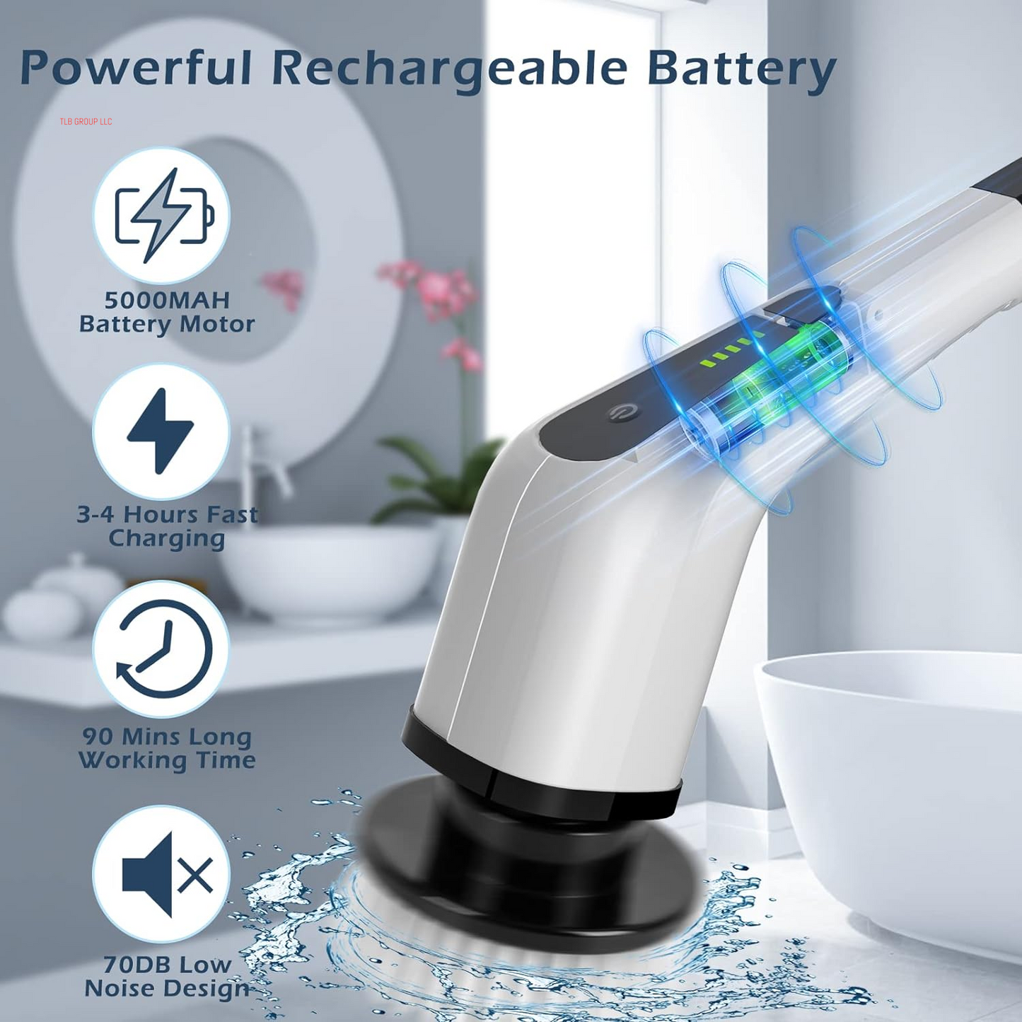 Electric Spin Scrubber, Cordless Cleaning Brush Scrubber for Home, 400Rpm/Mins-8 Replaceable Brush Heads-90Mins Work Time, 3 Adjustable Size, 2 Speeds for Bathroom Shower Bathtub Glass Car