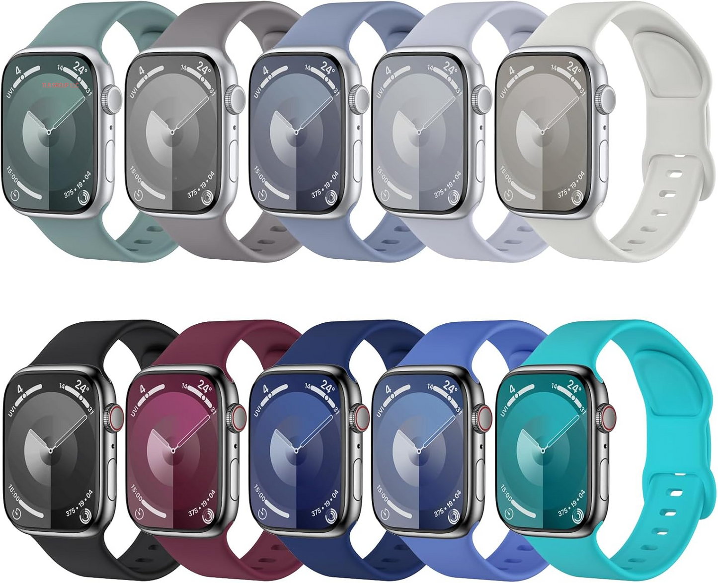 10 Pack Sport Bands Compatible with Apple Watch Band 38Mm 40Mm 41Mm 42Mm 44Mm 45Mm 46Mm 49Mm Women Men, Soft Silicone Waterproof Strap for Apple Watch SE Ultra Iwatch Series 10 9 8 7 6 5 4 3
