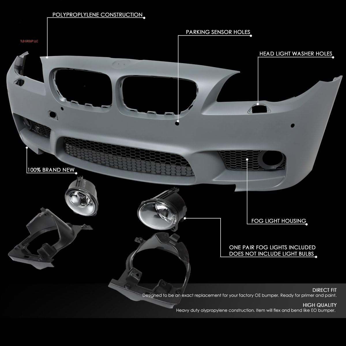 BUMP-F-F10-M5 M5 Style Front Bumper Fog Light with PDC Parking Sensor Holes Compatible with 11-16 5-Series