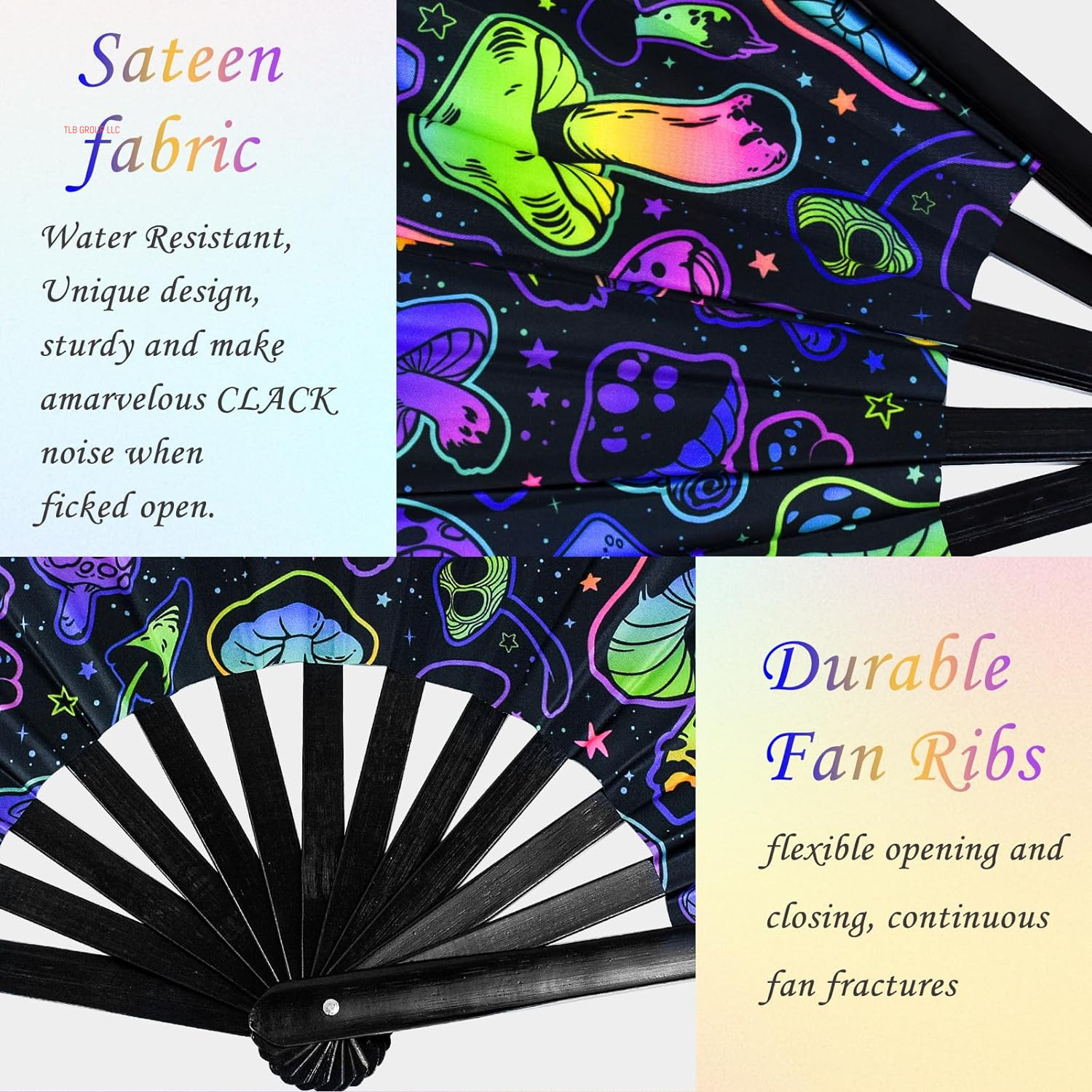 Rave Folding Fan, Large Rave Clack Folding Hand Fan UV Glow Popping Handheld Foldable Silk Fan for Music Party Drag Queene Dance Performance Decoration Gift