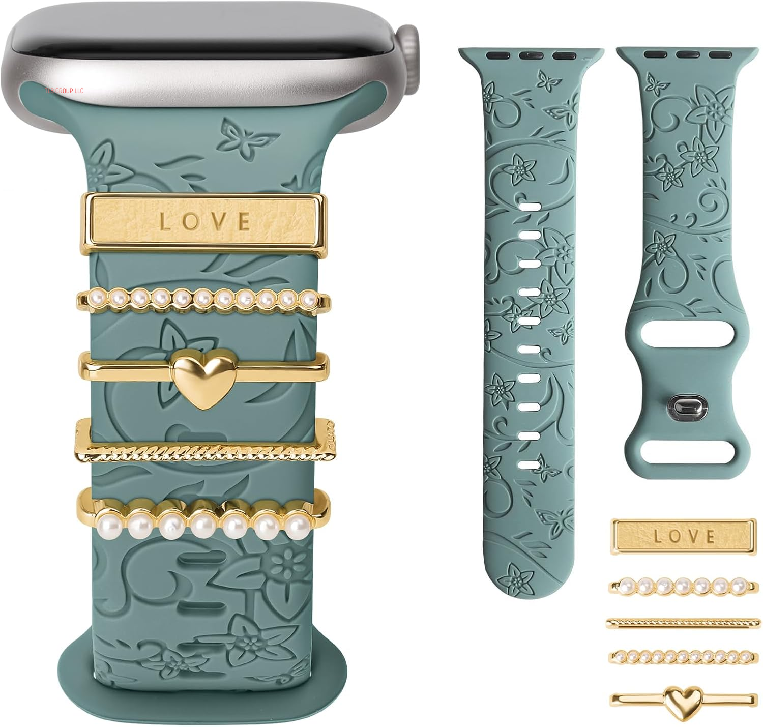 Charm+Band for Apple Watch Bands 40Mm 41Mm 38Mm 44Mm 45Mm 46Mm 42Mm Women Men,Floral Engraved Silicone Sport Band+Decorative Ring Loops for Iwatch Series 10 9 8 7 6 5 4 3 SE Ultra/2 49Mm,Jewelry Strap