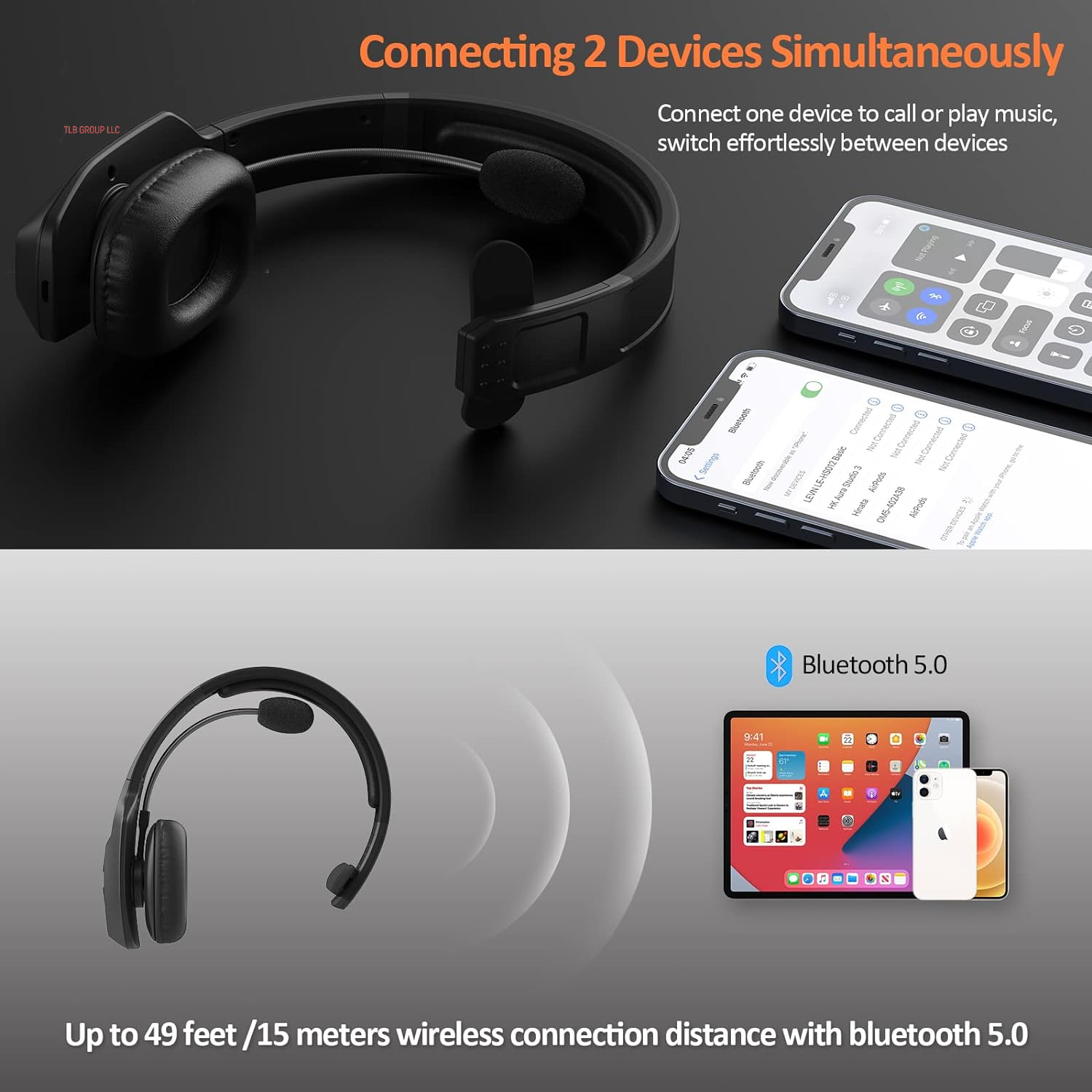 Bluetooth Headset with Microphone, Trucker Bluetooth Headset with AI Noise Cancelling & Mute Button, Wireless On-Ear Headphones 60 Hrs Working Time, for Trucker Home Office Remote Work Zoom
