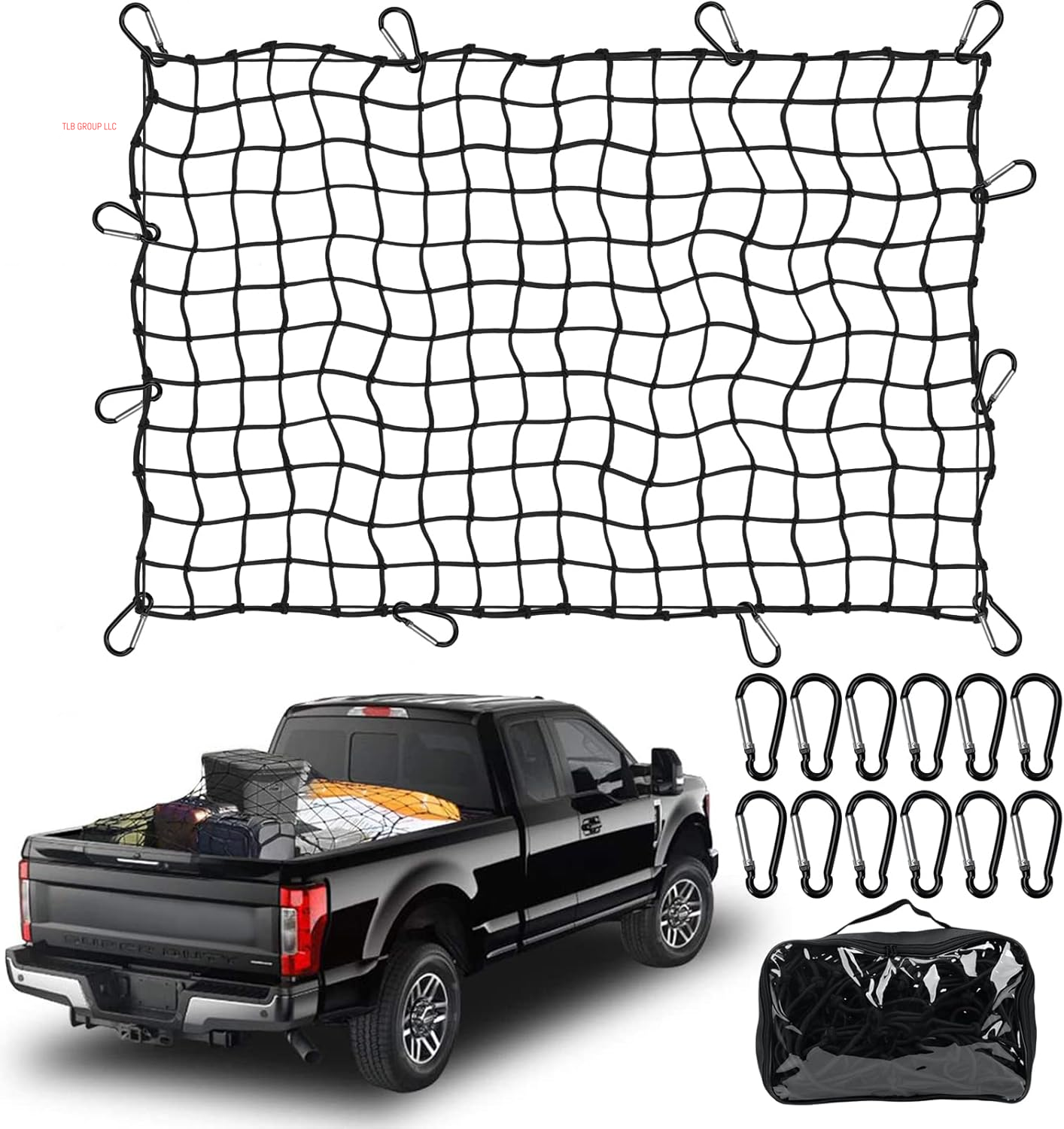 5’ X 7'Cargo Net for Pickup Truck Bed Stretches to 10' X 14' Heavy-Duty, Mesh Square Latex Bungee Netting with 14 Metal Carabiners + 14 Hooks- Compatible with Ford, Dodge RAM, Chevy, Toyota