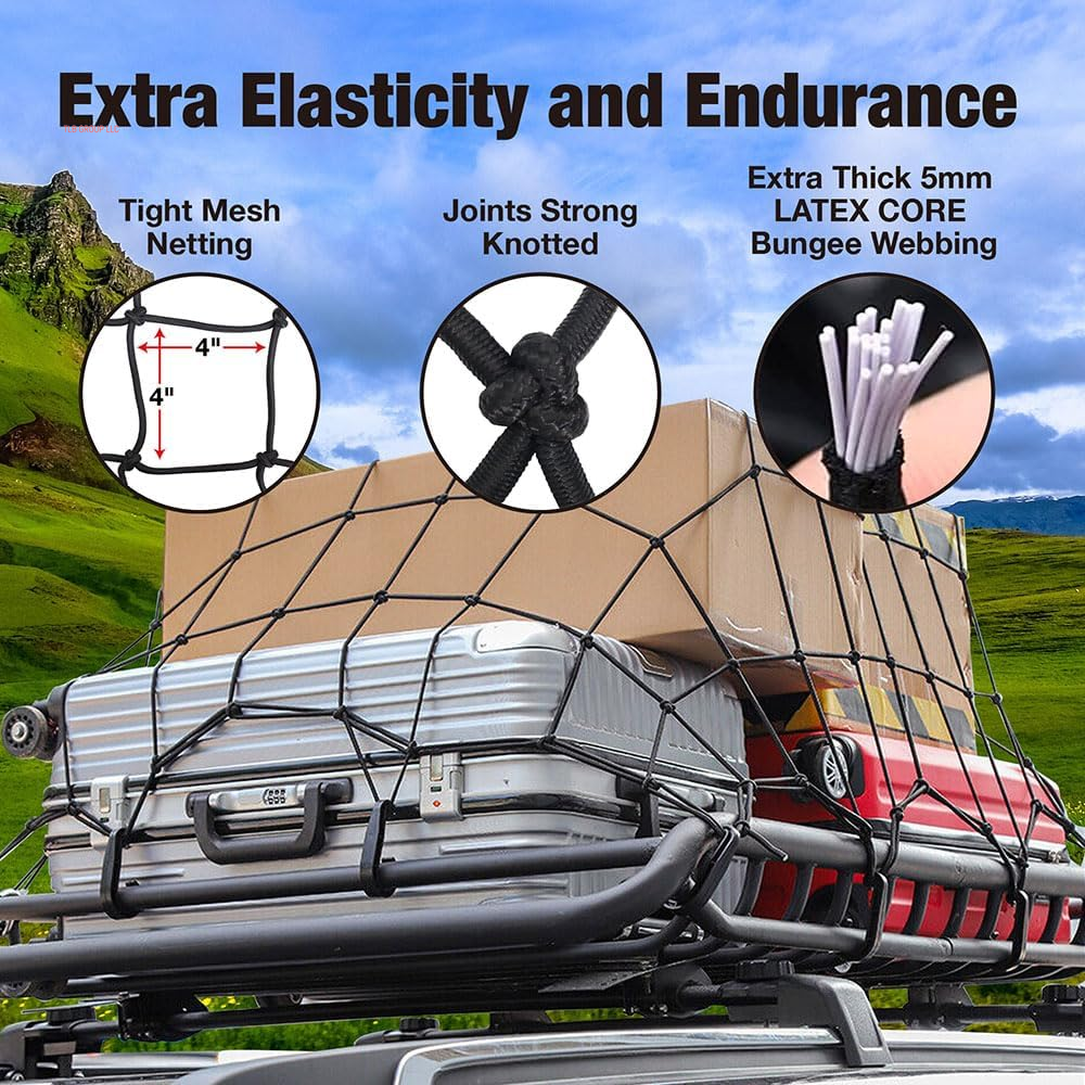 Truck Bed Net – 3' X 4' Cargo Netting Stretches to 6' X 8' Square Mesh Grid 4” X 4” with 12 D-Shaped Clips and 12 Plastic Hooks for SUV, Jeep, Chevy Silverado