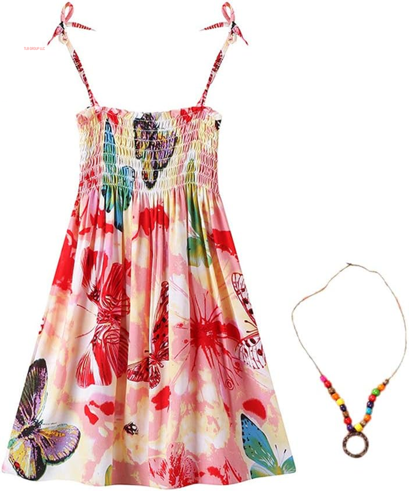 Girls Bohemian Dresses Floral Sleeveless Rainbow Beach Sundress with Necklace 2-12T