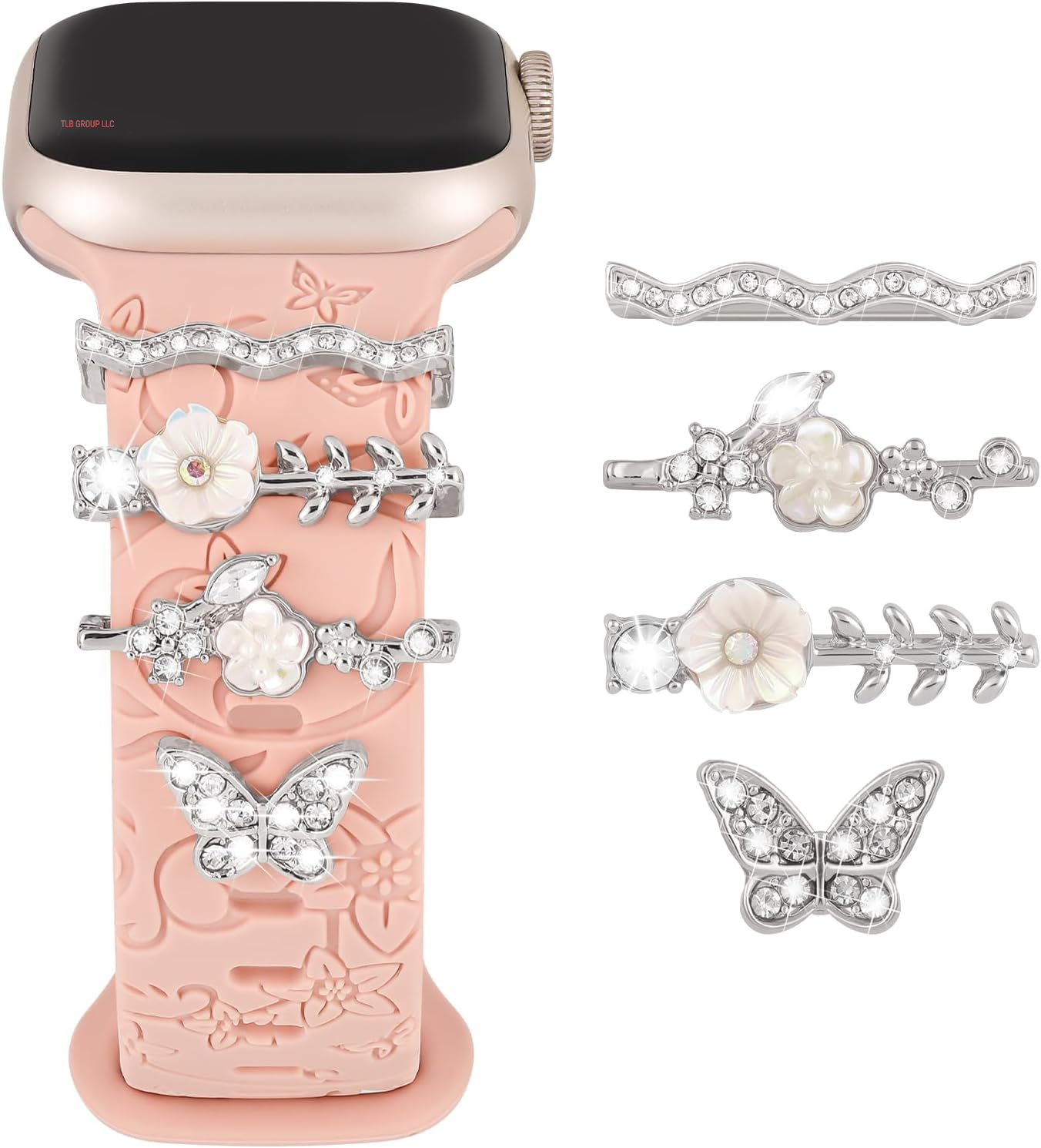 Charm+Band for Apple Watch Bands 40Mm 41Mm 38Mm 44Mm 45Mm 46Mm 42Mm Women Men,Floral Engraved Silicone Sport Band+Decorative Ring Loops for Iwatch Series 10 9 8 7 6 5 4 3 SE Ultra/2 49Mm,Jewelry Strap
