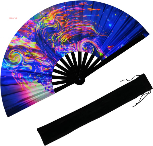 13‘’ UV Glow Large Rave Fan for Men Women, Popping Fan for Line Dancing, Decorative Folding Hand Fan for Party, Home Decoration, Gift, Music Festival Essential, EDM Rave Accessories (Waves)
