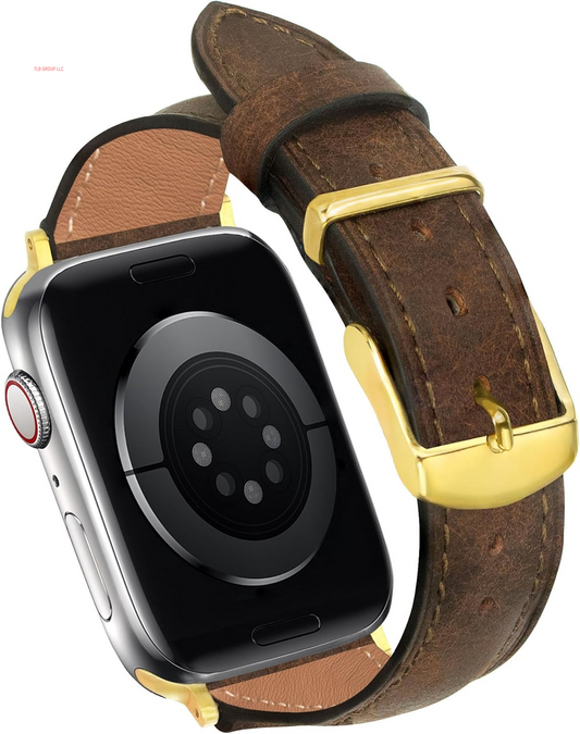 Slim Leather Compatible with Apple Watch Bands Women/Men 38/40/41/42/44/45/46/49Mm, Vintage Textured Leather Band for Iwatch Series 10 9 8 7 6 5 4 3 2 1 SE, Gold Metal Buckle