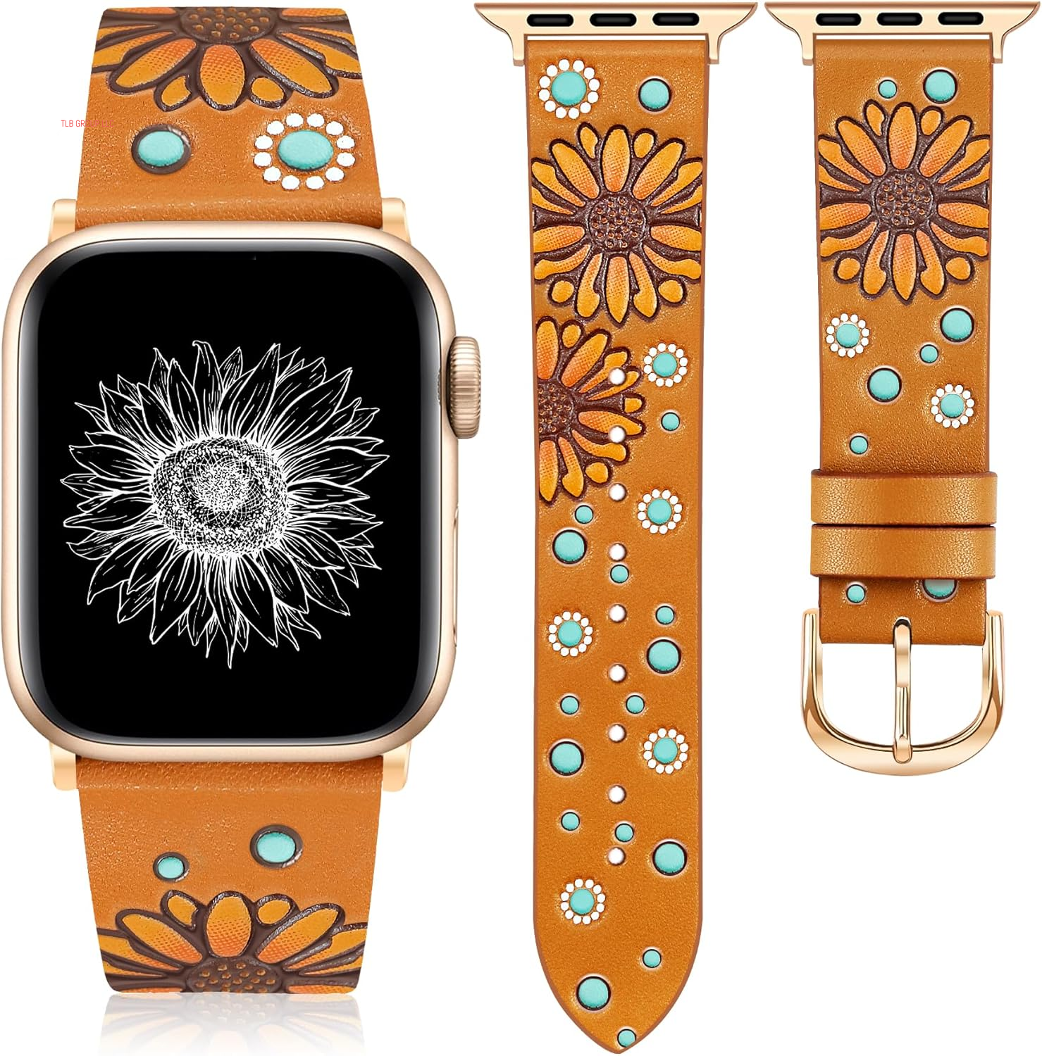 Geniuen Leather Band Compatible with Apple Watch Band 41/40/38/42Mm Women, Boho Western Embossed Floral Designer Leather Strap for Iwatch Series 10 9 8 7 6 5 4 3 2 1 SE Ultra/2, Orange
