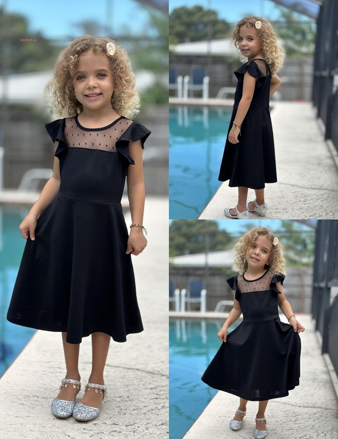 Girls Dresses Summer Formal Party Wedding Ruffle Sleeve Mesh a Line Dress with Pockets