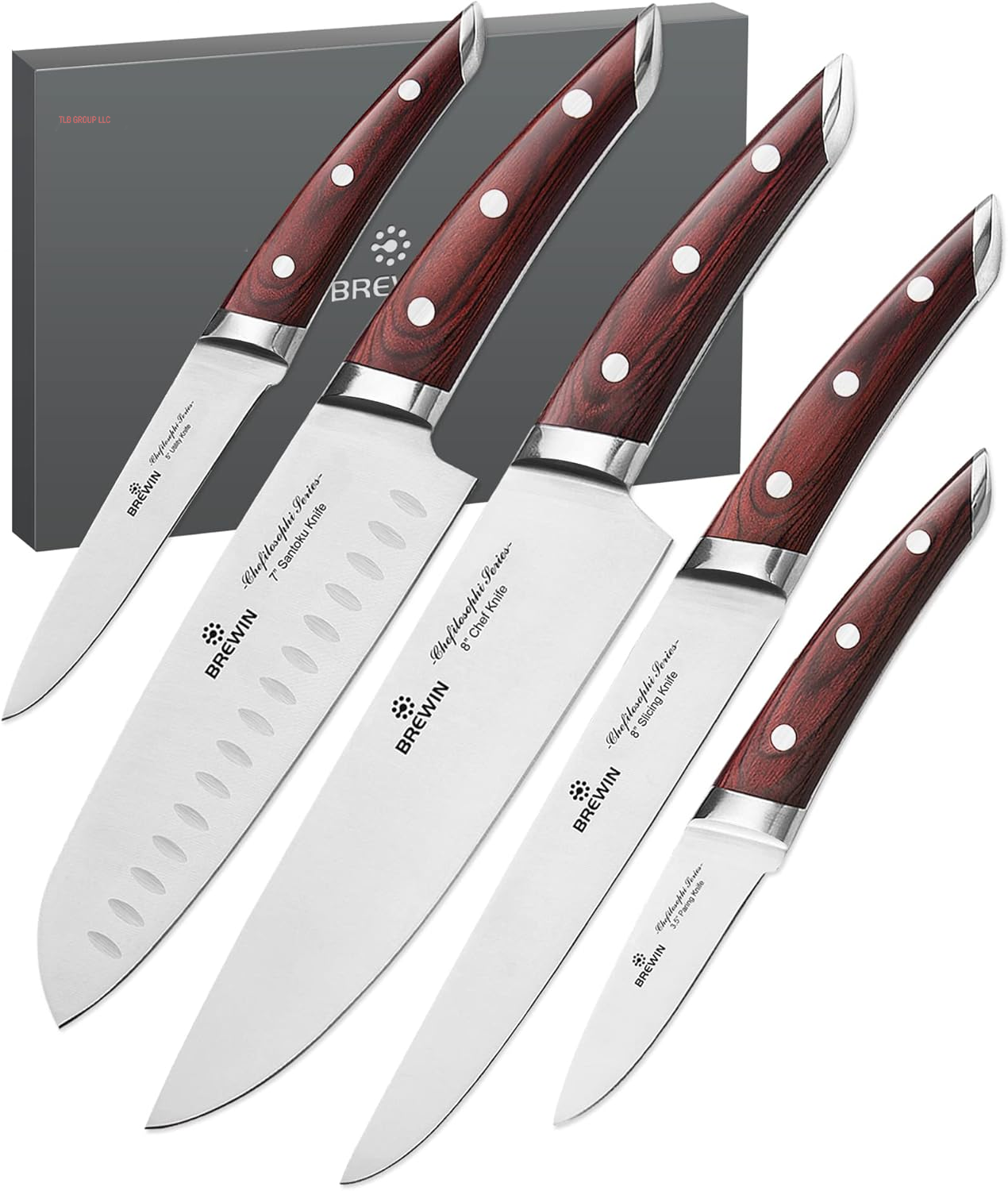 CHEFILOSOPHI Japanese Chef Knife Set 5 PCS with Elegant Red Pakkawood Handle Ergonomic Design,Professional Ultra Sharp Kitchen Knives for Cooking High Carbon Stainless Steel