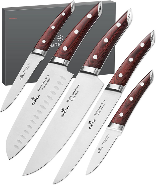 CHEFILOSOPHI Japanese Chef Knife Set 5 PCS with Elegant Red Pakkawood Handle Ergonomic Design,Professional Ultra Sharp Kitchen Knives for Cooking High Carbon Stainless Steel