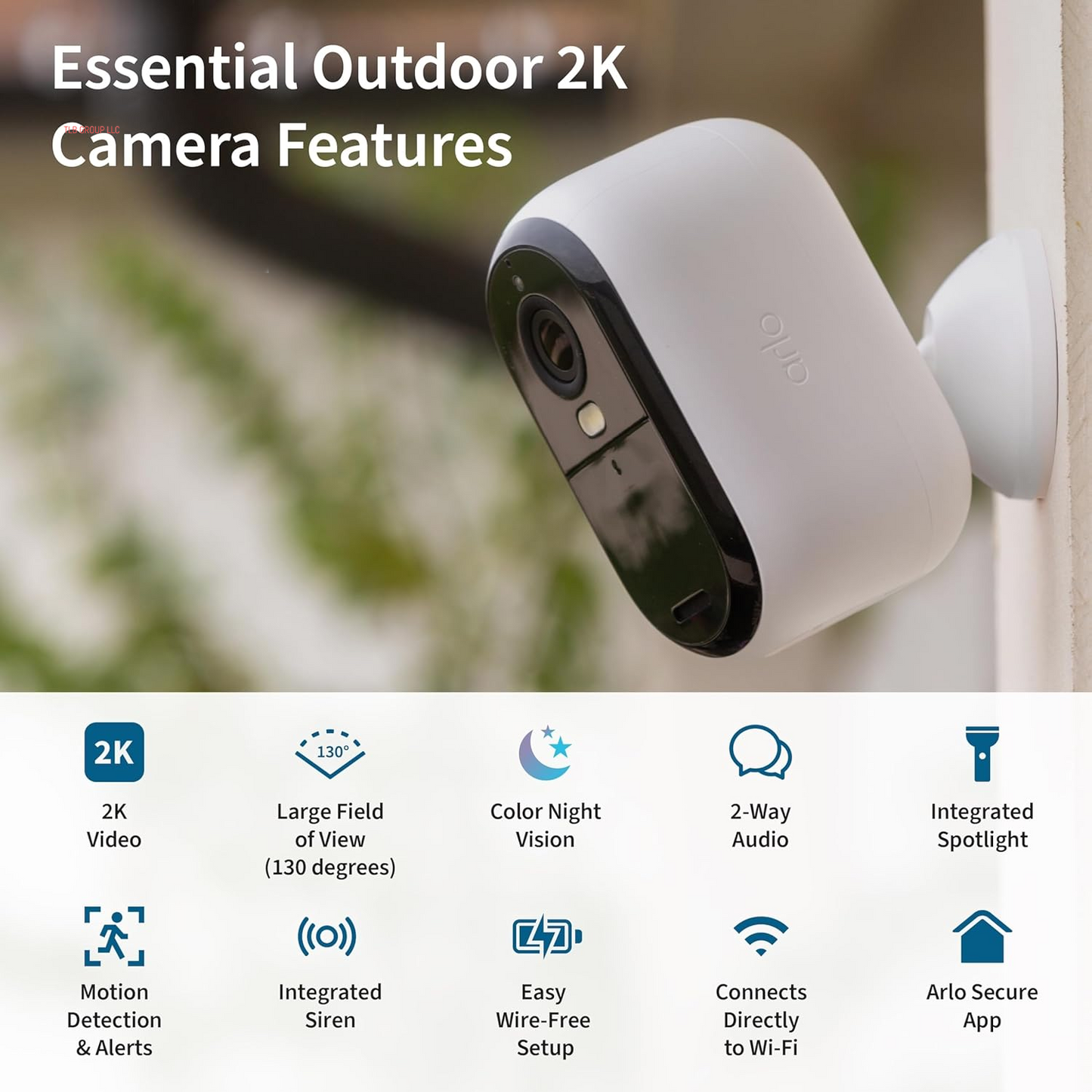 Essential Security Camera 2K |Outdoor - Indoor | 2Nd Gen | Wireless with Spotlight, 2-Way Audio, Color Night Vision, Live Stream, Motion Activation, Real Time Notifications, Wide Angle - White