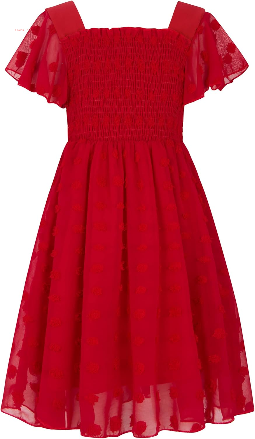 6-12T Girls Chiffon Dress with Solid Pom Poms & Flutter Ruffle Short Sleeve Kids Lace Square Neck Frocks