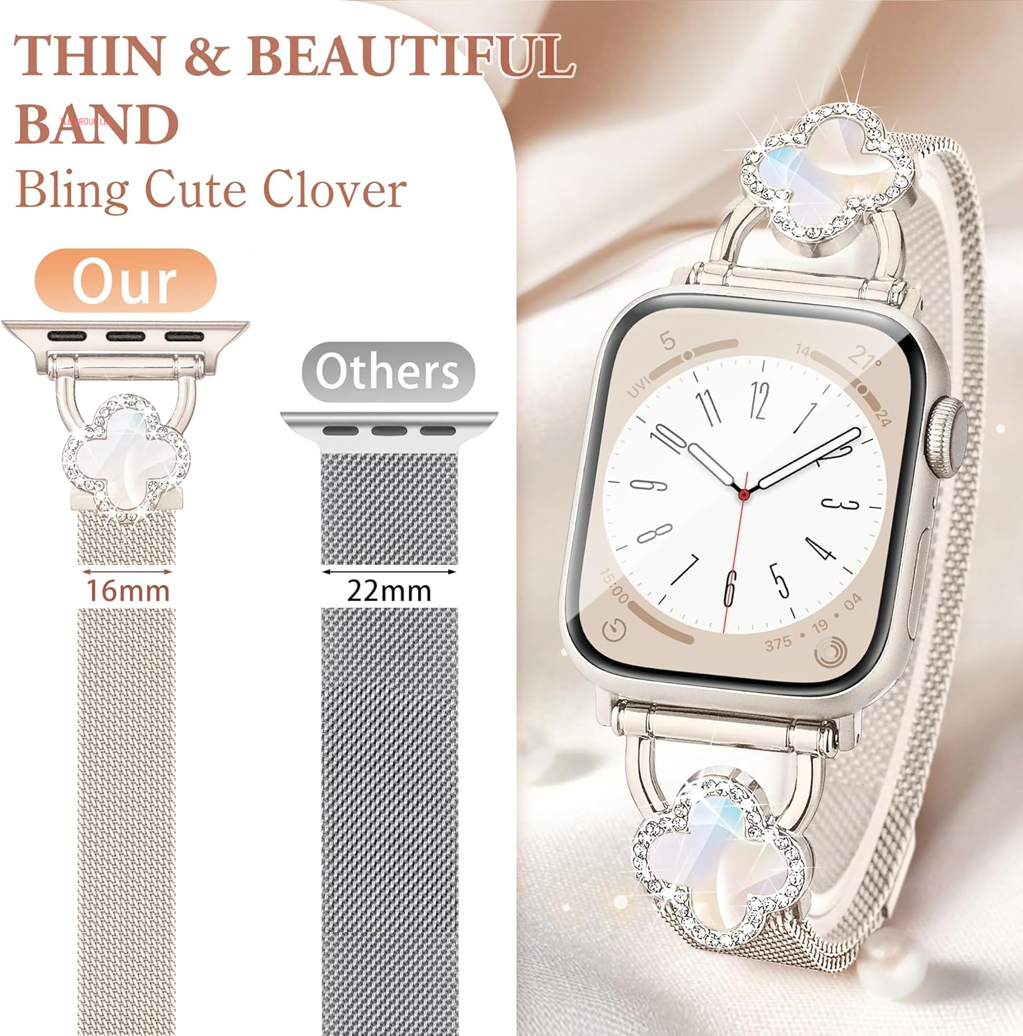 Thin Clover Magnetic Band for Apple Watch Bands for Women 46Mm 45Mm 44Mm 42Mm 49Mm, Slim Cute Bling Metal Milanese Iwatch Bands for Iphone Watch Series 10 9 8 7 6 5 4 3 2 1 SE Ultra-Starlight