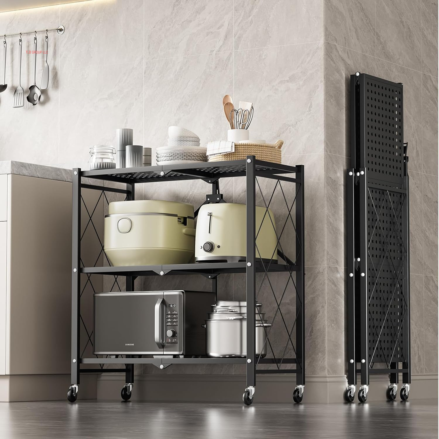 Heavy Duty 3-Tier Foldable Metal Rack, 14.96" D X 27.95" W X 34.25" H Storage Shelving Unit 750 Lbs with Wheels Moving Organizer Shelves for Garage Kitchen, Black