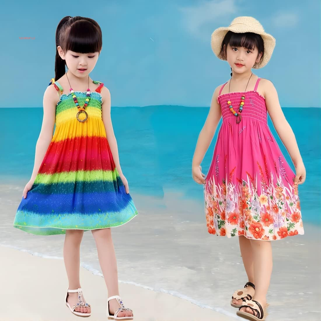 Girls Bohemian Dresses Floral Sleeveless Rainbow Beach Sundress with Necklace 2-12T