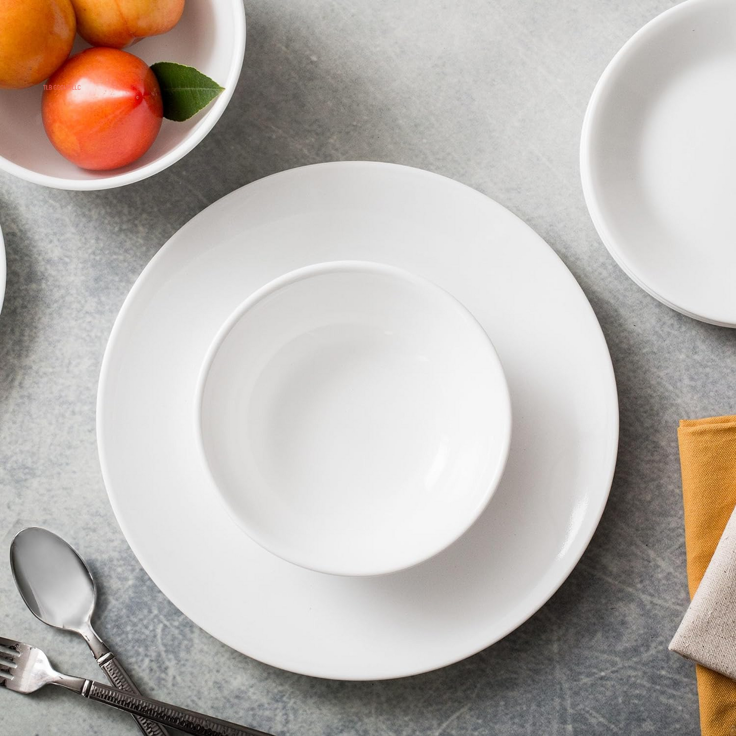 Vitrelle 18-Piece Service for 6 Dinnerware Set, Triple Layer Glass and Chip Resistant, Lightweight round Plates and Bowls Set, Winter Frost White
