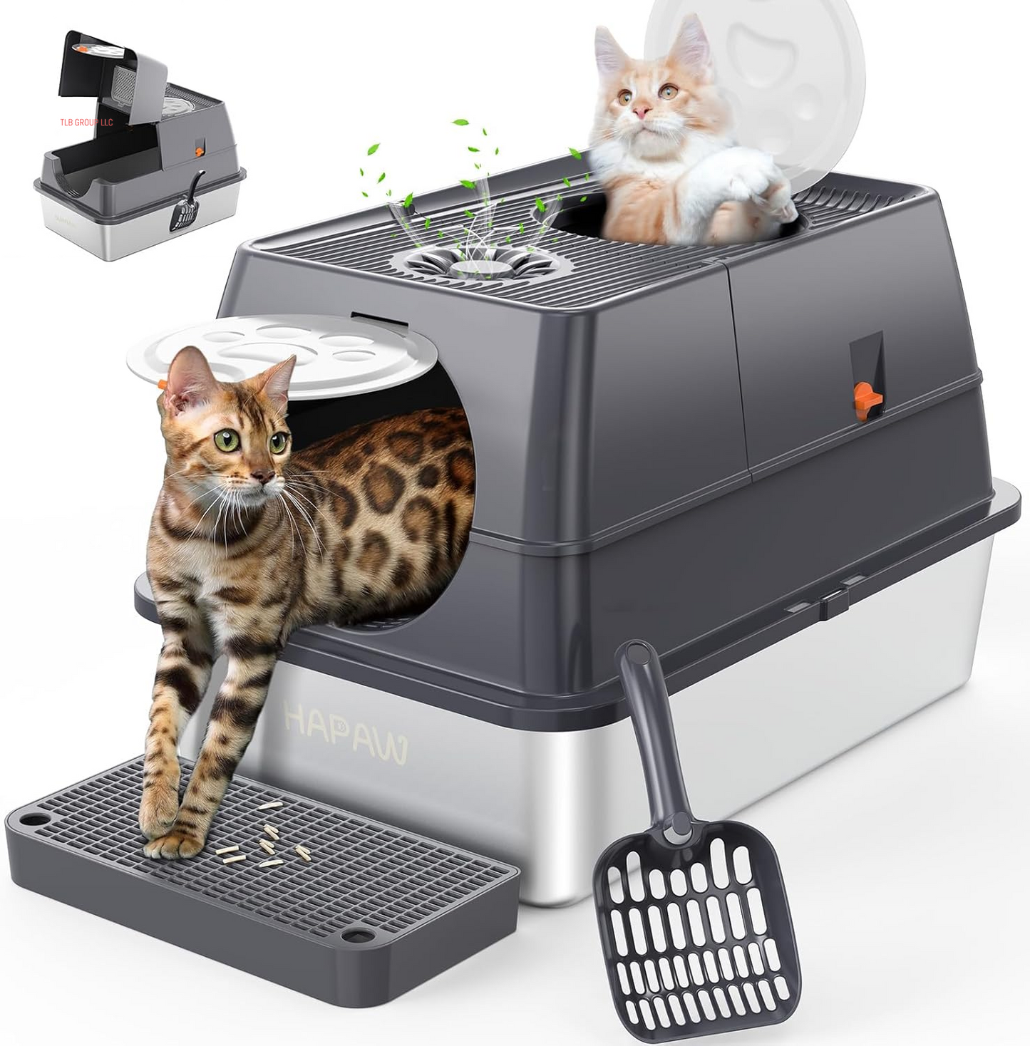 Stainless Steel Litter Box with Lid, 135° Flip-Top Extra Large Cat Litter Pan, Enclosed Metal Litter Box with Litter Scoop & Filter Pedal, Anti-Leakage, Odor Free, Front & Top Dual Entry