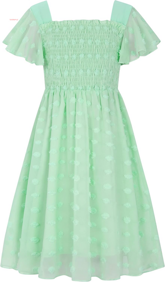 6-12T Girls Chiffon Dress with Solid Pom Poms & Flutter Ruffle Short Sleeve Kids Lace Square Neck Frocks