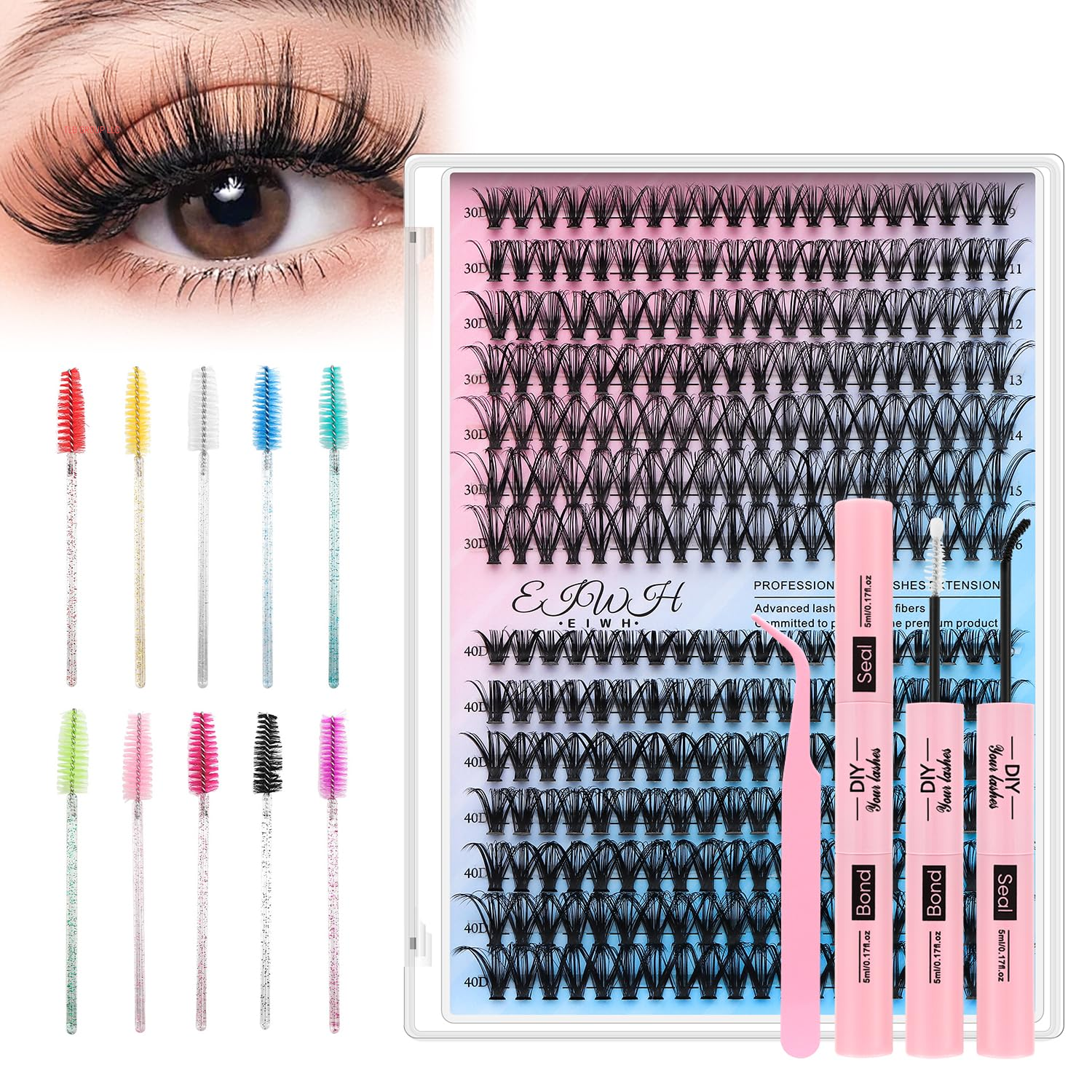 DIY Lash Extension Kit Volume Lash Clusters 30D+40D D Curl Individual 280 Pcs Lashes Lash Clusters Kit Thick Eyelash Extension Kit Lash Bond Seal Lash Tweezers 10 Pcs Eyelash Brush (30D&40D KIT)