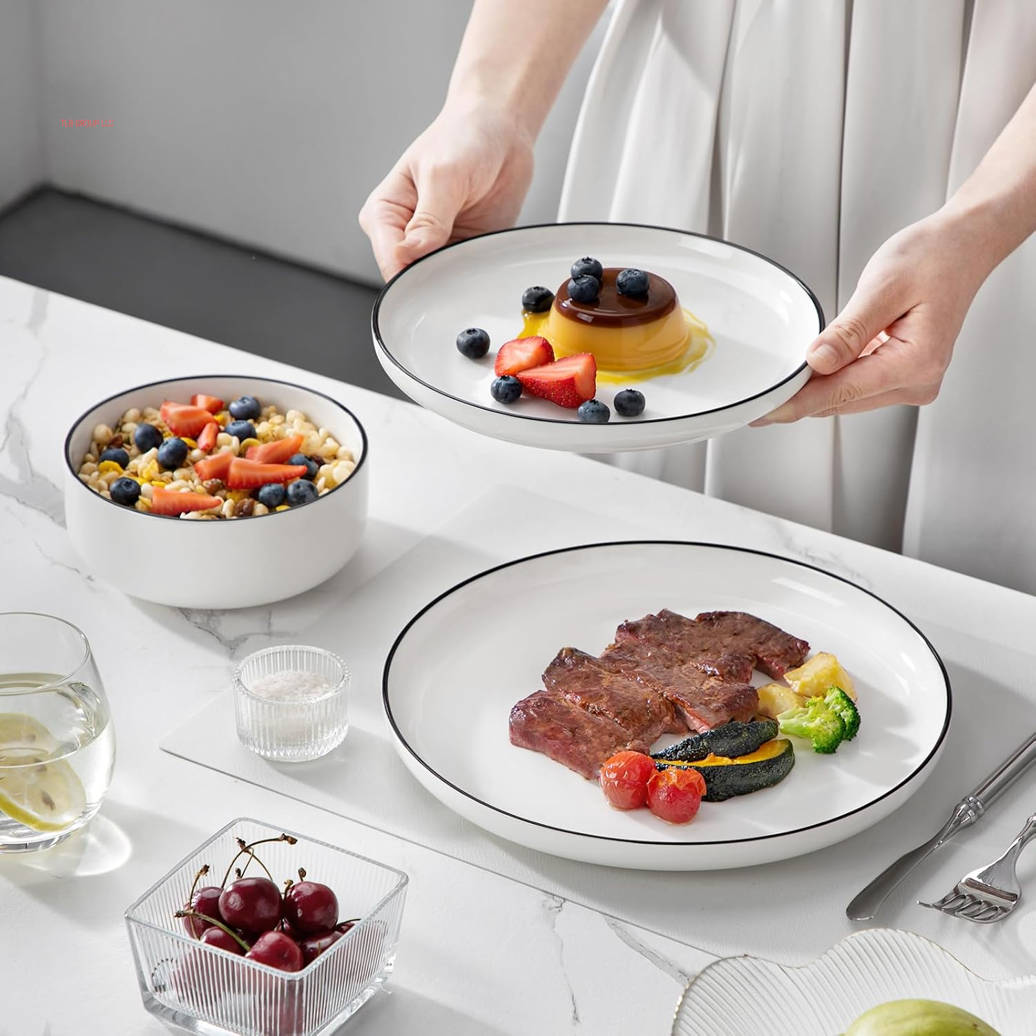 Plates and Bowls Sets, 12 Pieces Modern Porcelain Dinnerware Set for 4 White Kitchen Dinner Dining Ware Set Wtih Black Rim Ceramic Dishware Dishes Microwave and Dishwasher Safe, Series LUNA