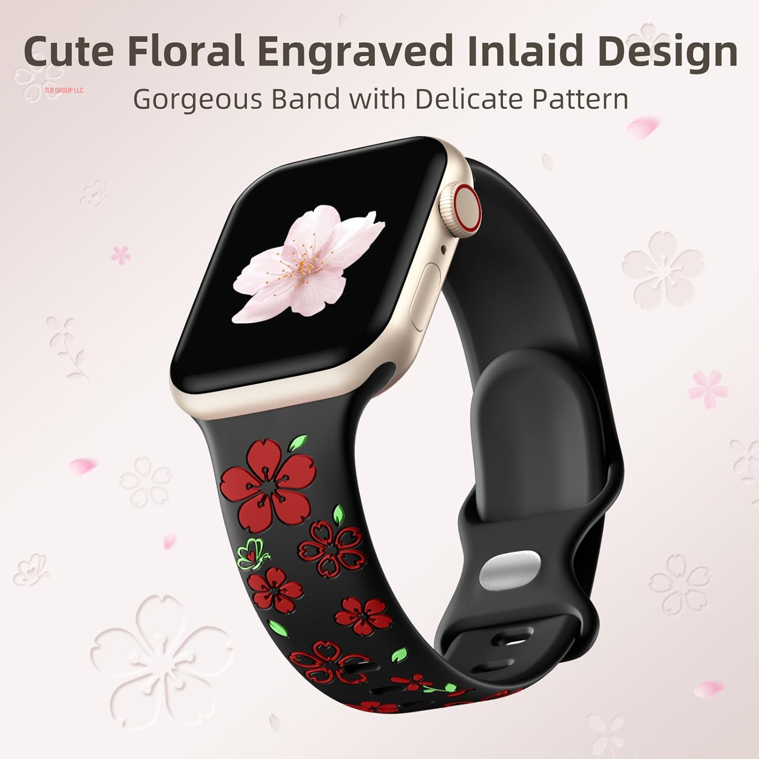 Floral Engraved Band Compatible for Apple Watch Bands for Women 40Mm 41Mm 38Mm 42Mm 44Mm 45Mm 46Mm 49Mm, Cute Flower Silicone Inlay Dressy Strap for Iwatch Series 10 9 8 7 6 5 4 3 2 SE Ultra