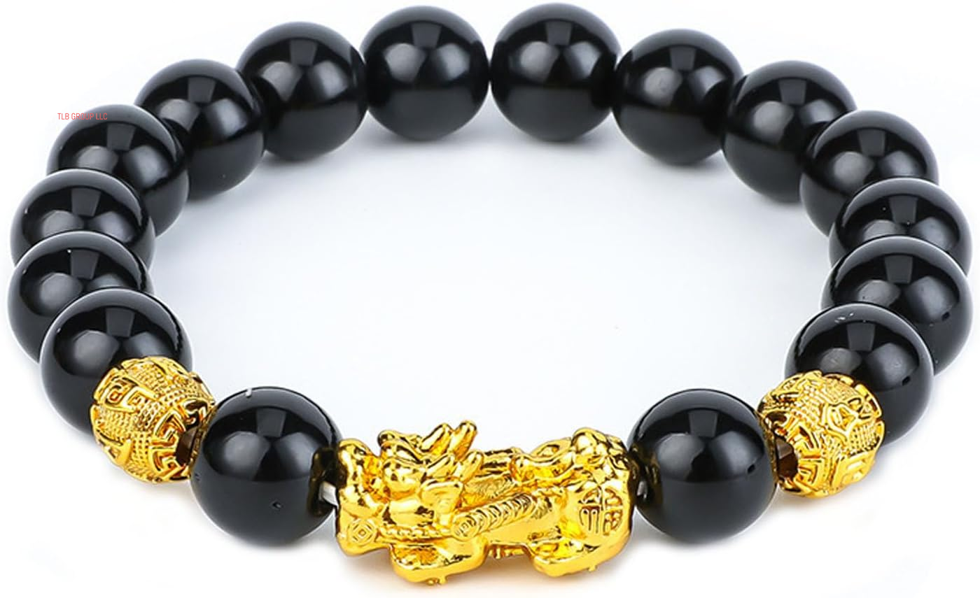 Fengshui Wealth and Luck Bracelet, Feng Shui Black Obsidian Pixiu Wealth Bracelet Prosperity Buddha Beads Elastic Bracelets for Women Men Jewelry