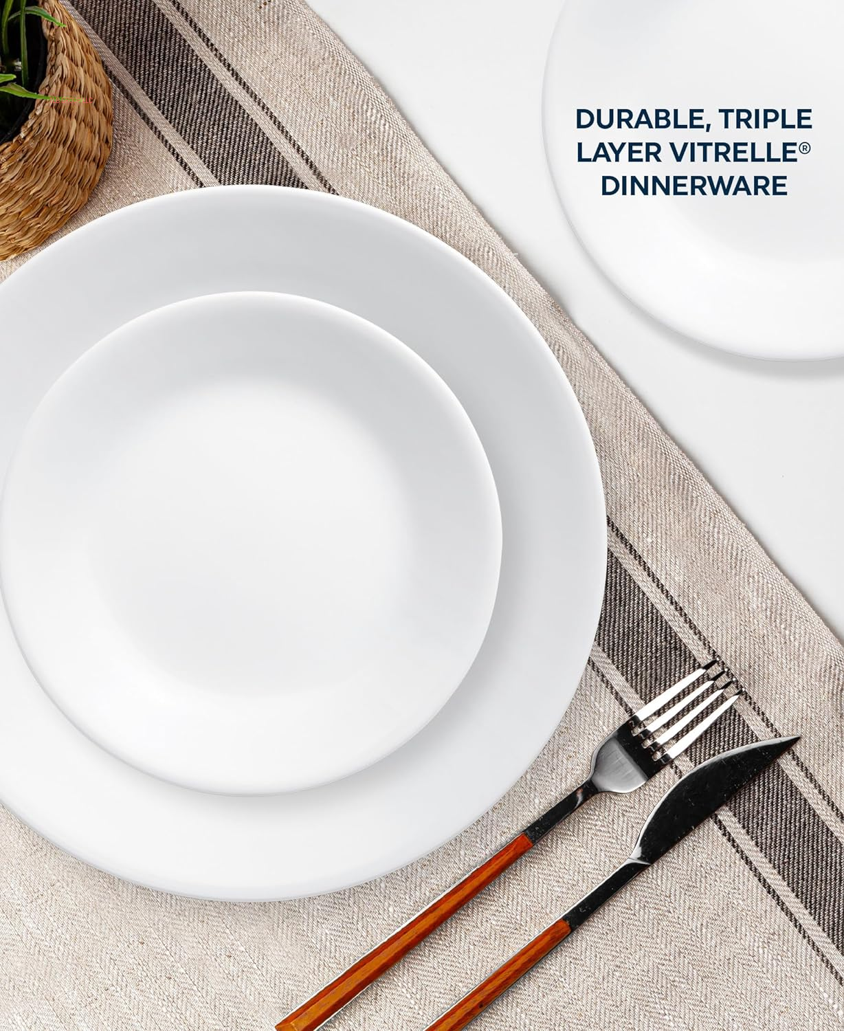Vitrelle 18-Piece Service for 6 Dinnerware Set, Triple Layer Glass and Chip Resistant, Lightweight round Plates and Bowls Set, Winter Frost White