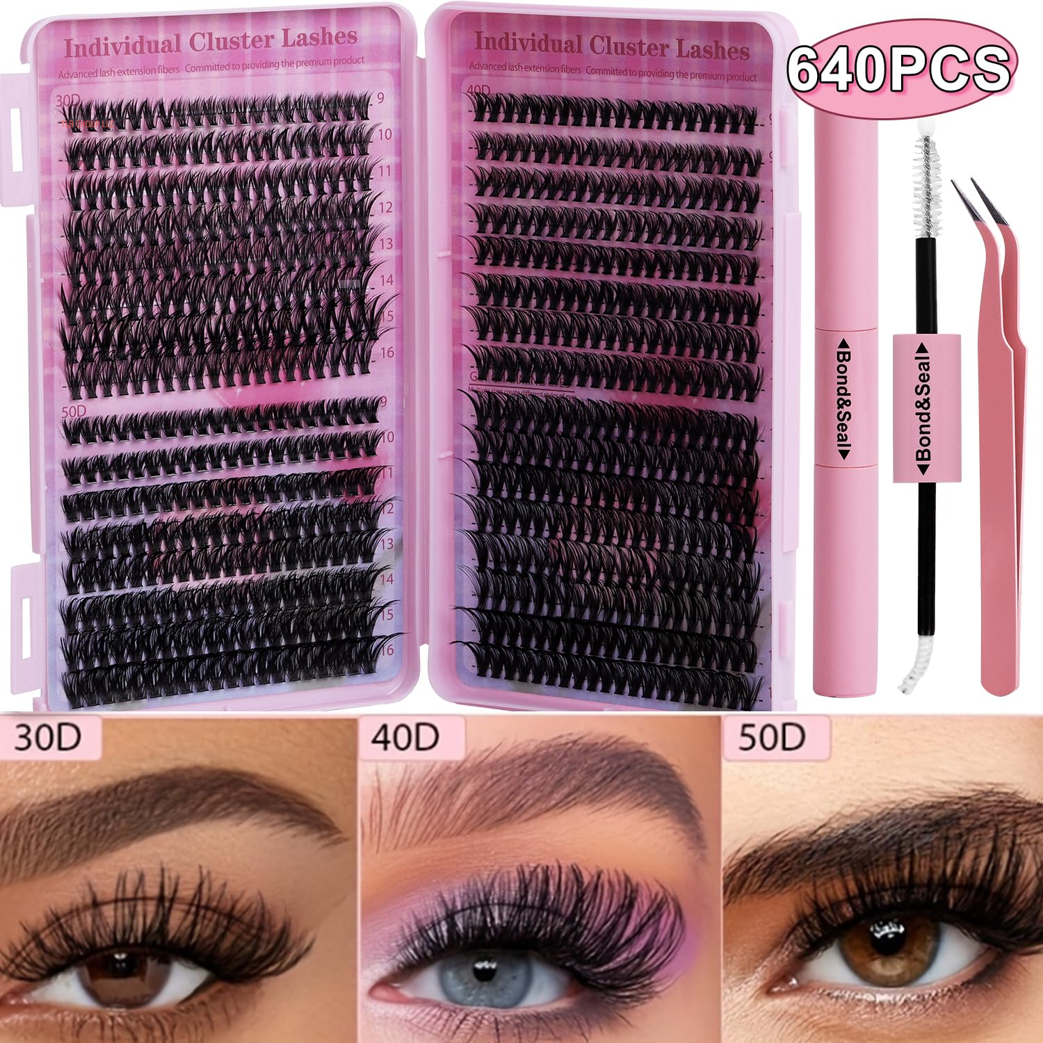 Lash Extension Kit Volume Lash Clusters 30D+40D+50D D Curl Individual Lashes Lash Clusters Kit Thick Eyelash Extension Kit 640 Pcs Thin Band Cluster Lashes Lash Bond and Seal Lash Tweezers