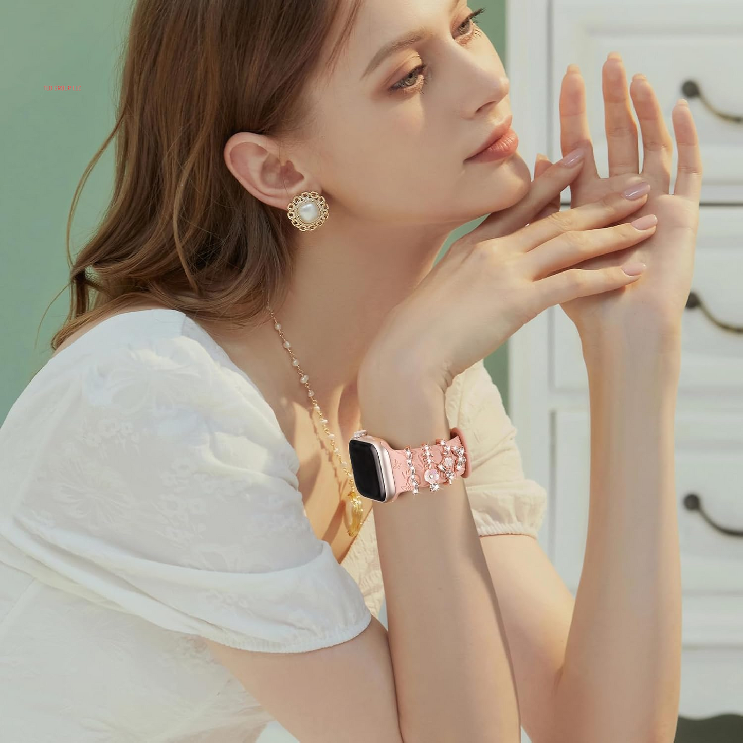 Charm+Band for Apple Watch Bands 40Mm 41Mm 38Mm 44Mm 45Mm 46Mm 42Mm Women Men,Floral Engraved Silicone Sport Band+Decorative Ring Loops for Iwatch Series 10 9 8 7 6 5 4 3 SE Ultra/2 49Mm,Jewelry Strap