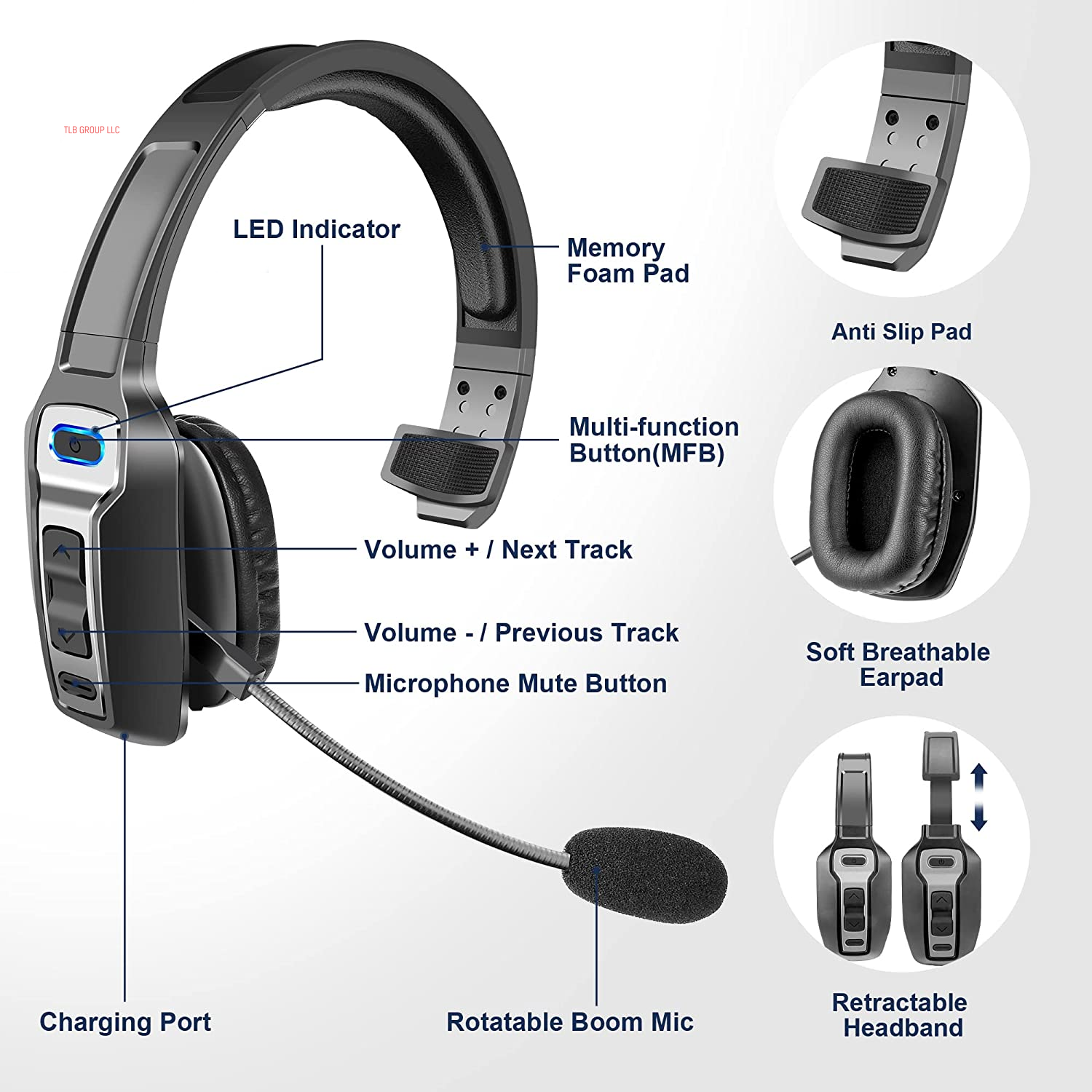 Trucker Bluetooth Headset, V5.2 Wireless Headset with Upgraded Microphone AI Noise Canceling, on Ear Bluetooth Headphone with Mute for Driver Office Call Center