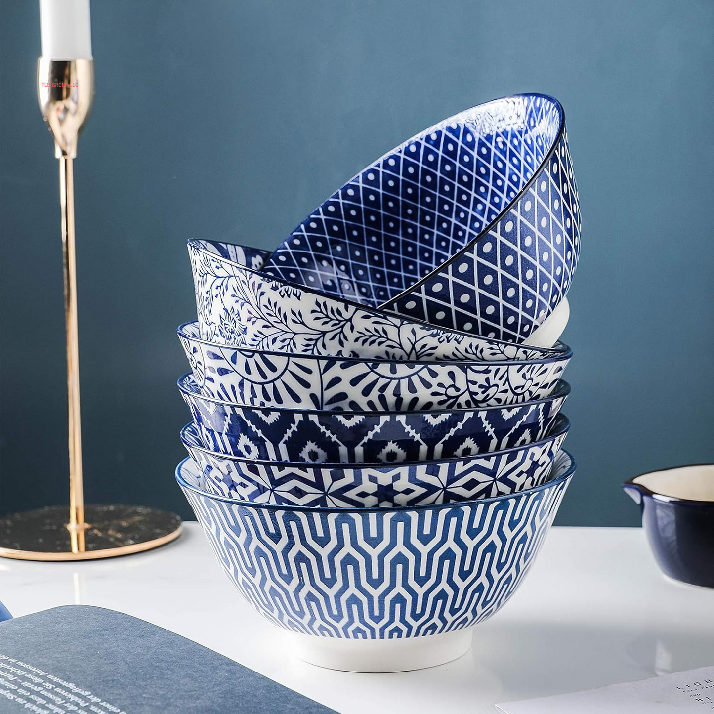 Blue and White Porcelain 20Oz Cereal Bowl Set - Set of 6, 6 Inch Soup Bowls, Ceramic Bowls for Cereal, Soup, Salad and Pasta, Vintage Blue