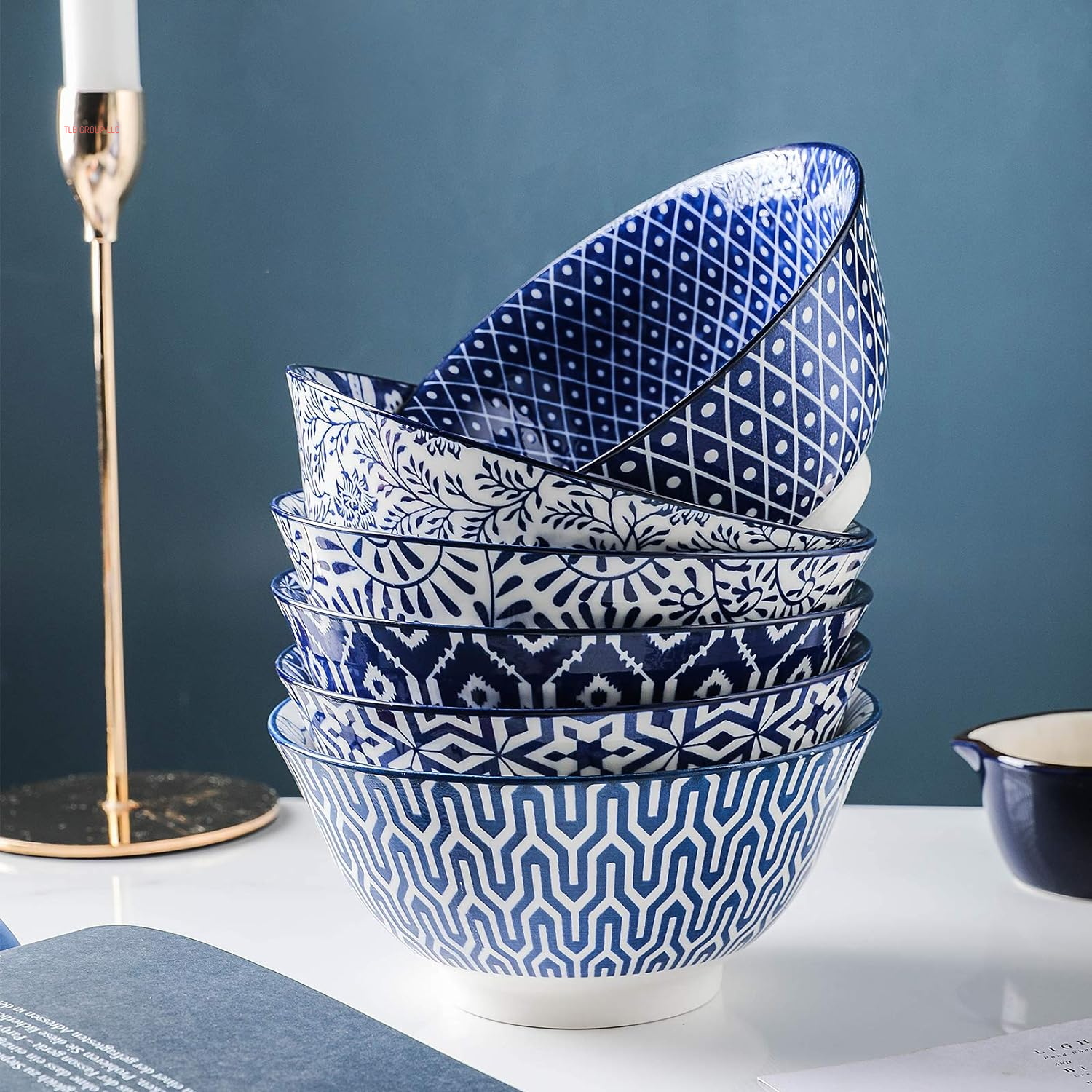 Blue and White Porcelain 20Oz Cereal Bowl Set - Set of 6, 6 Inch Soup Bowls, Ceramic Bowls for Cereal, Soup, Salad and Pasta, Vintage Blue