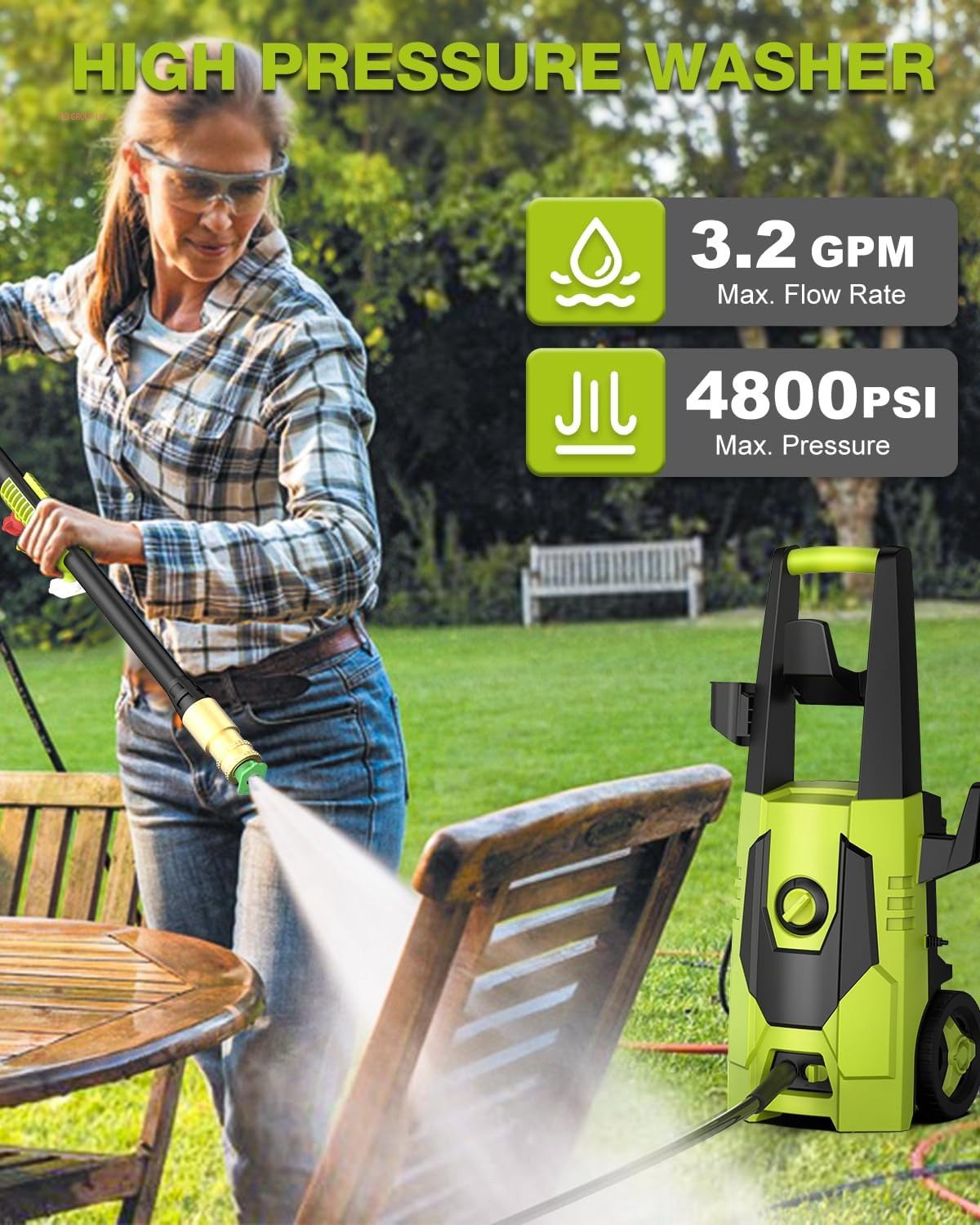 Electric Pressure Washer - 4800PSI Max 3.2GPM Power Washer with 35FT Power Cord, 20FT Hose, Soap Tank, High Pressure Washer Electric Powerd Car Cleaning for Garden, Patios, Yard, Green