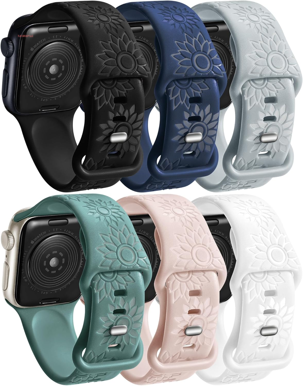 6 Pack Flower Engraved Bands Compatible Apple Watch Band with 38Mm 40Mm 41Mm 42Mm 44Mm 46Mm 45Mm 49Mm Women Men.Silicone Floral Reflective Sport Strap for Iwatch Series 10 9 8 7 6 5 4 3 SE Ultra 2 1