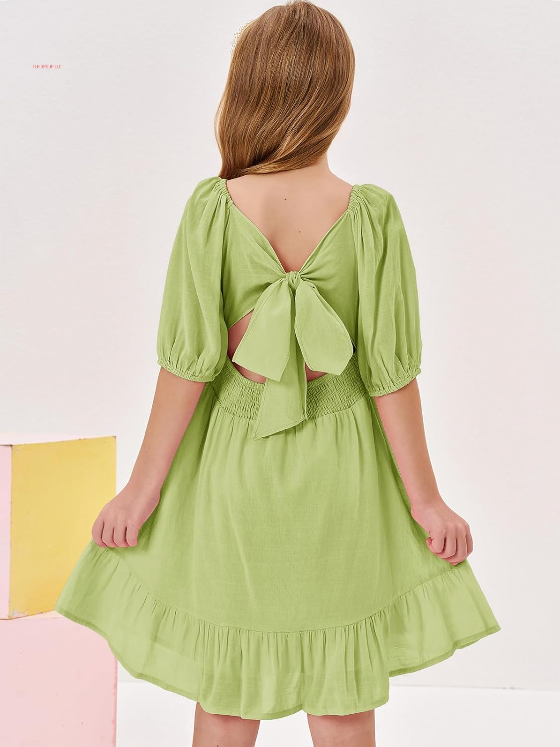 Girls Summer Dresses Square Neck Lantern Sleeve Tie Backless Ruffle A-Line Party Mini Dress