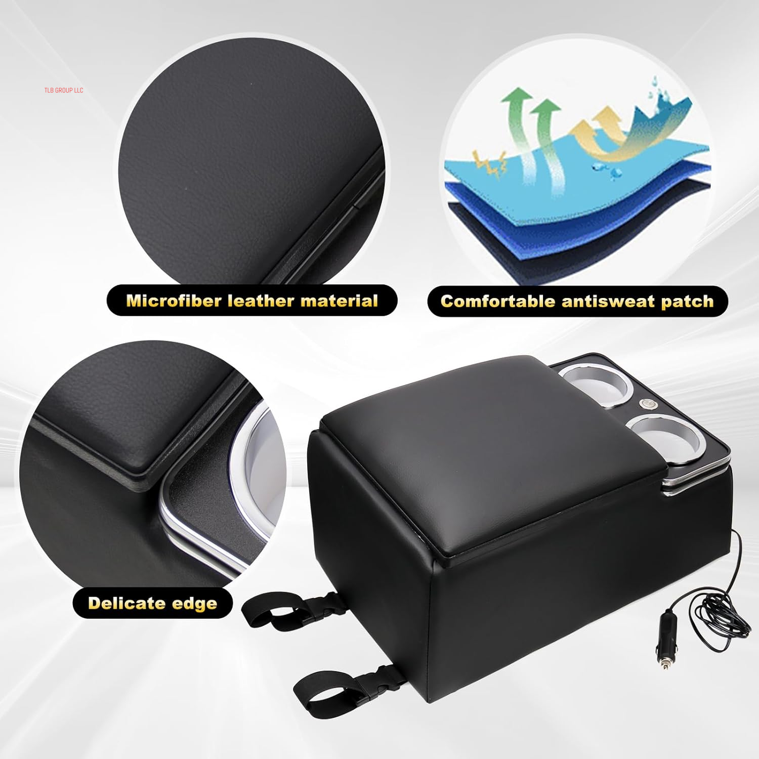 Black Universal Truck Seat/Bench Organizer with LED Light, USB Port, Cup Holders, Armrest, and Padded Top Lid - Ideal for Business Storage 124810 Contractor Console Luxurious