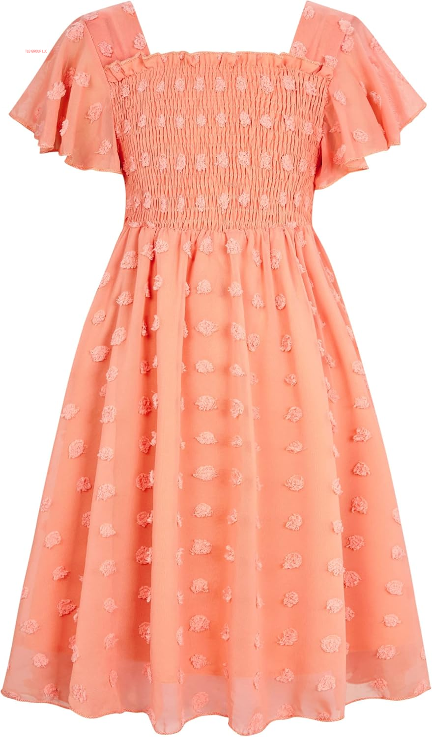 6-12T Girls Chiffon Dress with Solid Pom Poms & Flutter Ruffle Short Sleeve Kids Lace Square Neck Frocks