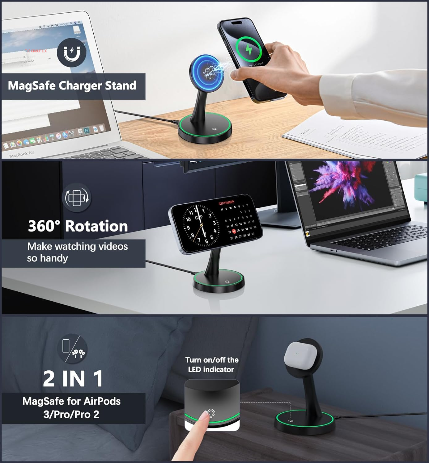 Magnetic Wireless Charger Stand 15W Fast Mag-Safe Charger for Iphone 16/16 Pro/16 Plus/16 Pro Max/15/14/13/12 Series Magnet Wireless Charging Station/Pad with Sleep-Friendly Light for Airpods