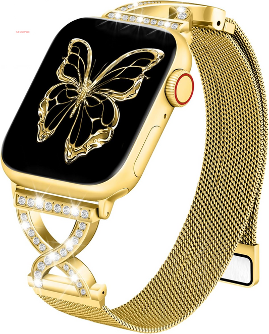 Metal Magnetic Band Compatible with Apple Watch 46Mm 42Mm 44Mm 45Mm 49Mm 38Mm 40Mm 41Mm, Stainless Steel Dressy Mesh Loop Strap with X-Shape Diamond Women