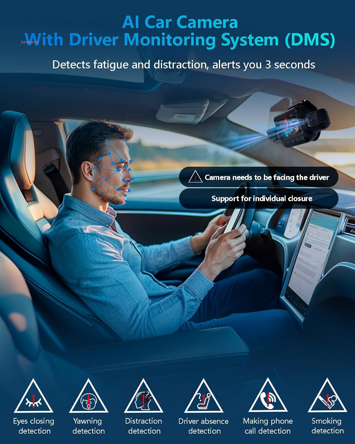 AI Dash Cam Front Rear inside with Driver Monitor System, 360° Car Camera 4K, 4 Channel Camera for Cars Built-In Wifi GPS, Dashcam with 128GB SD Card, Night Vision, 24H Parking Mode, Upgrade DMS V8Pro