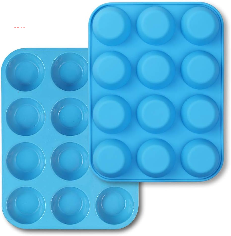 12-Cup Silicone Muffin Pan, Pack of 2 Non-Stick Muffin Molds, Baking Pan for Cupcake, Tarts, Egg Bites-Blue