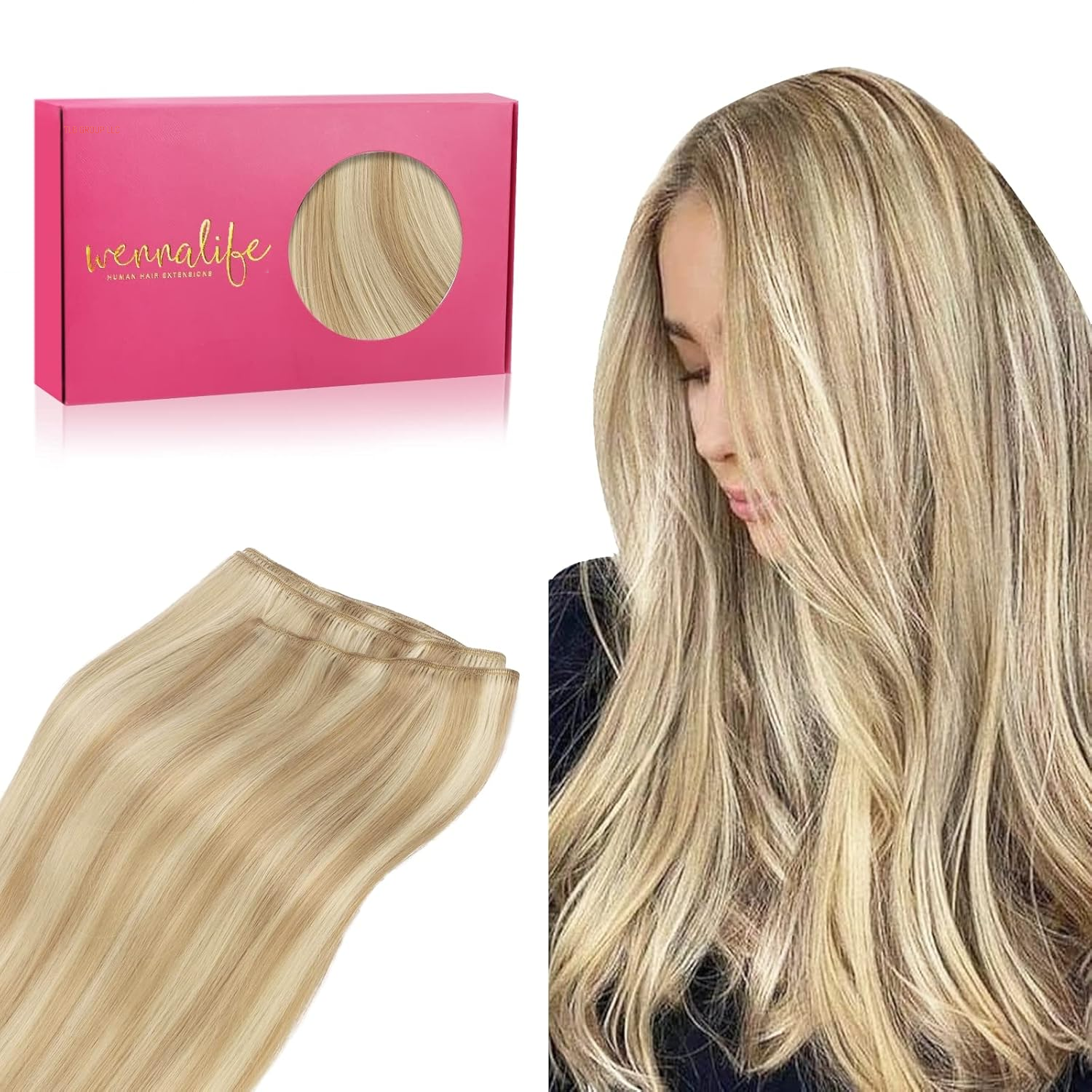 Sew in Hair Extensions Real Human Hair, 14 Inch 80G Light Blonde Highlighted Golden Blonde Machine Weft Hair Extensions Human Hair Hand Tied Weft Hair Extensions Sew In